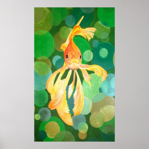 Póster Vermilion Goldfish Nadando no Mar Verde da Bolha