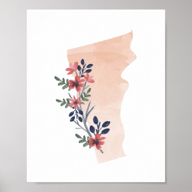 Poster Vermont Floral Watercolor Estado (Frente)