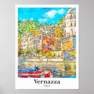 Poster Vernazza Itália Viagem Watercolor Sketch Drach
