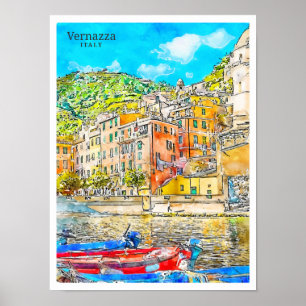 Poster Vernazza Itália viagens vintage aquarela