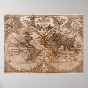 Póster Versão Preta e Branca do Mapa Mundial de L'Isle