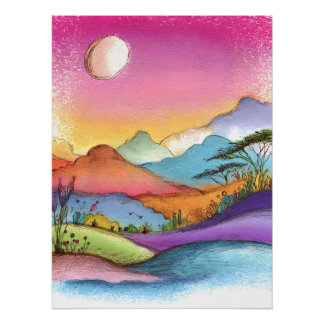 Póster Verträumte Landschaft mit Mond, Bergen und See