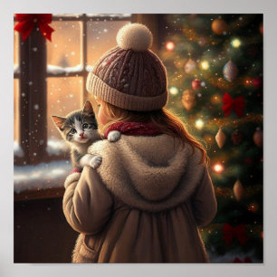 Poster Véspera de Natal com uma árvore e um gatinho