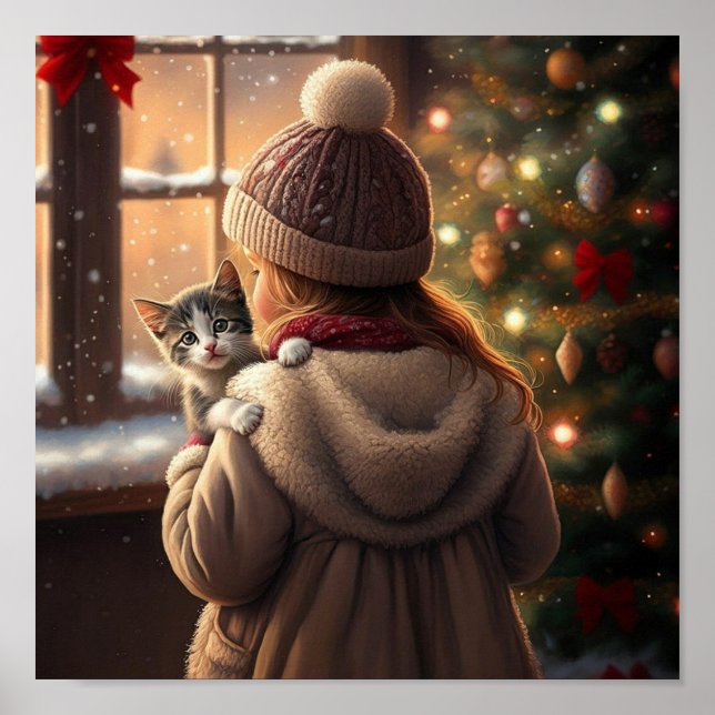 Poster Véspera de Natal com uma árvore e um gatinho (Frente)