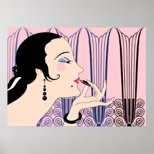 Póster Véspera, senhora do art deco no rosa e no azul