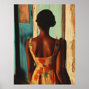 Poster Vestida Floral Elegante Cubana em Ouro hora