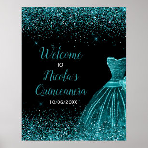 Poster Vestido Azul Teal Faux Glitter Quinceanera Bem-vin