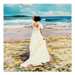 Póster Vestido Branco caminhando na praia de Tranquil