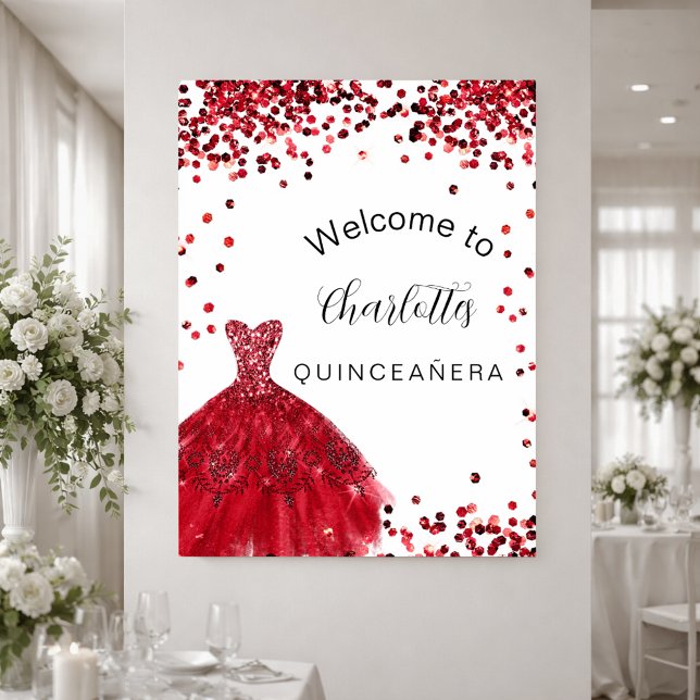 Poster Vestido branco vermelho de Quinceanera, bem-vindo (Criador carregado)