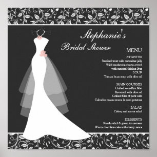 Póster Vestido de casamento branco preto, menu do damasco