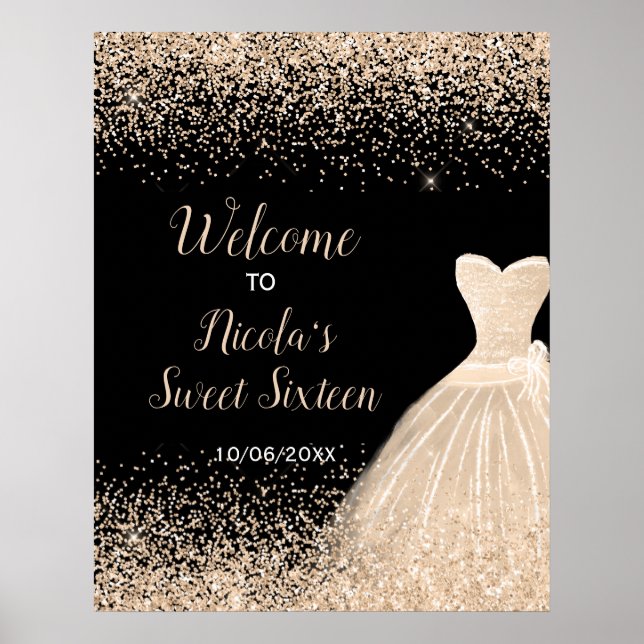 Poster Vestido de Champanhe Faux Glitter Sweet 16 Welcome (Frente)