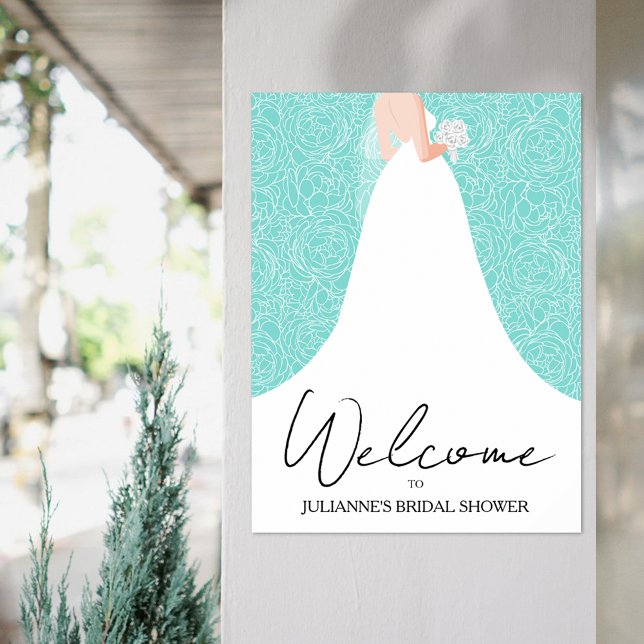 Poster Vestido de Noiva Chuveiro de Turquesa Bem-vindo (Bride in wedding gown on floral over turquoise bridal shower welcome poster, INSTANT DOWNLOAD, too)