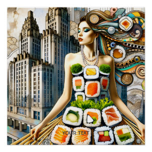 Póster Vestido de Sushi Abstrato Fofo Fantasia