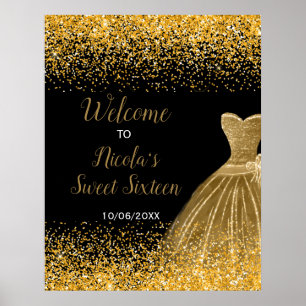 Poster Vestido Dourado Brilho Falso Sweet 16 Bem-vindo
