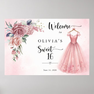 Poster Vestido Floral Dusty Pink Sweet 16 Bem-vindo