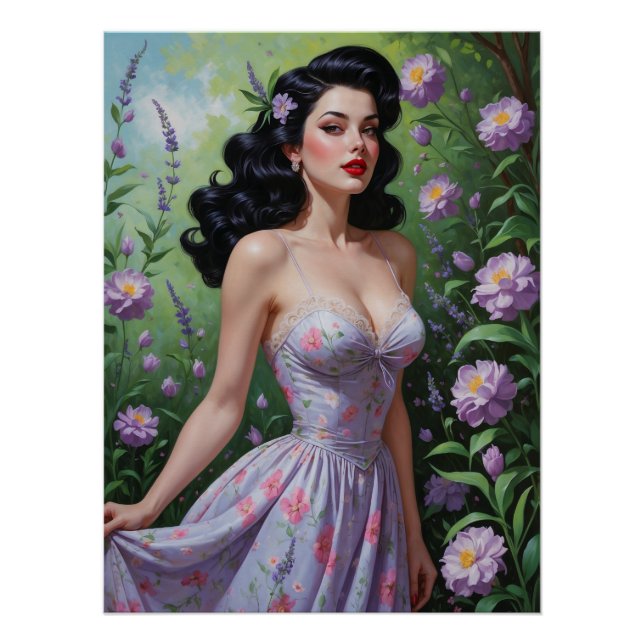 Póster Vestido Floral Roxo Brunette Pin-Up (Frente)