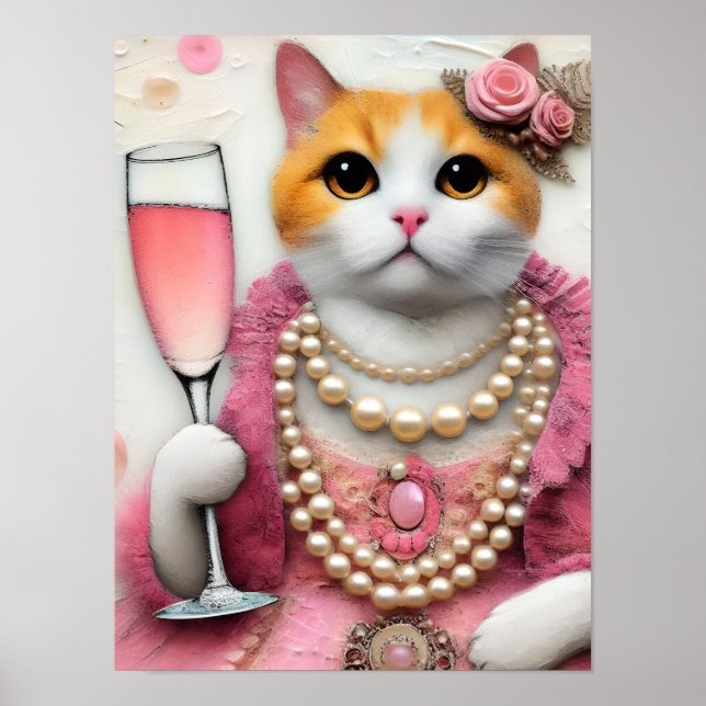 Poster Vestido Rosa Gato Adorável com Pérolas com Bebida (Frente)