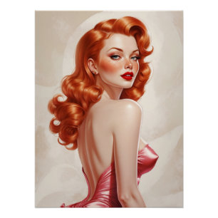 Póster Vestido Rosa Pin-Up Da Redhead Glamoroso
