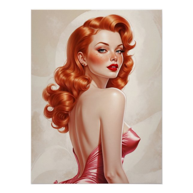 Póster Vestido Rosa Pin-Up Da Redhead Glamoroso (Frente)