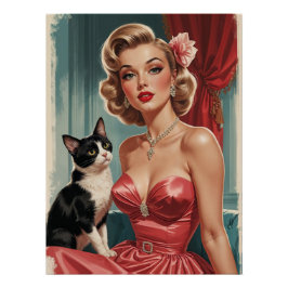 Póster Vestido Rosa Pin-Up Louro com Gato Preto e Branco
