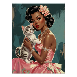 Póster Vestido rosa-pino preto e gatinho-branco