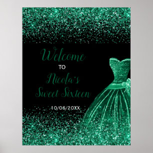 Poster Vestido Verde Escuro Faux Glitter Sweet 16 Welcome