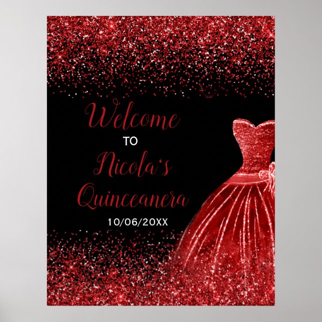 Poster Vestido Vermelho Brilhante Faux Glitter Quinceaner (Frente)