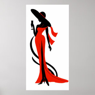 Poster Vestido vermelho de silhueta de mulher elegante co