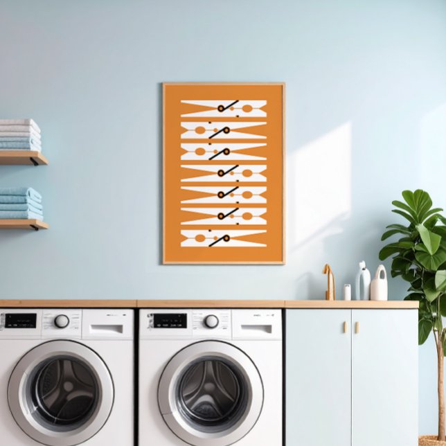 Poster Vestuário Pinos Black White e Orange Laxing Room (retro rust orange and white modern graphic clothes pins art for a fun laundry room)