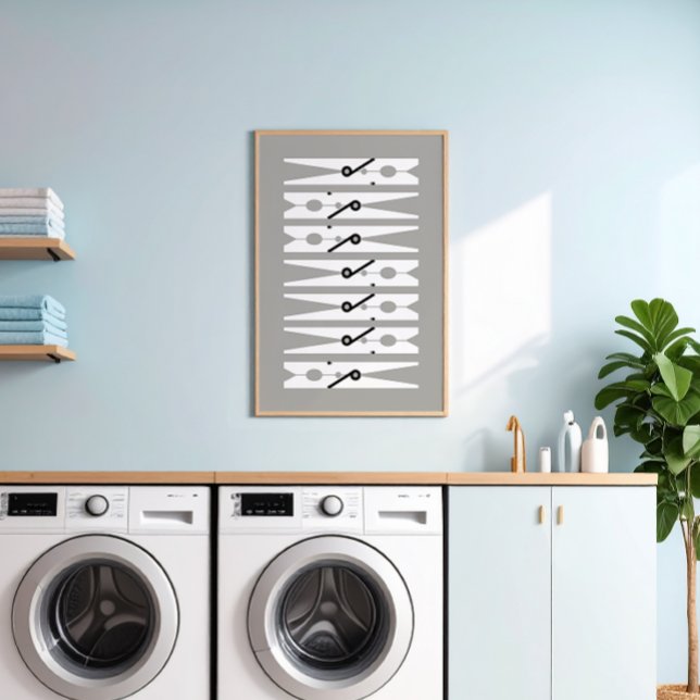 Poster Vestuário Pinos Preto Branco e Cinza Arte da Sala  (medium gray and white modern graphic clothes pins art for a fun laundry room)
