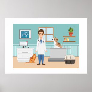 Poster Veterinário Room Vet Doctor Com Cachorro E Gato