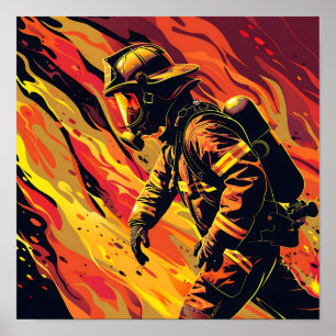 Poster Vetor Bombeiro com Fundo de Chamas