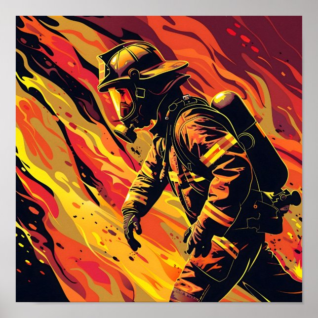 Poster Vetor Bombeiro com Fundo de Chamas (Frente)