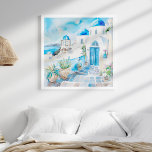 Poster Viagem Art azul e branco mediterrânico de Santorin<br><div class="desc">Traga o charme do Mediterrâneo para a sua casa com o "Watercolor Mediterranean Santorini Viagem Art Poster." Este impressionante trabalho de arte quadrado captura uma cena pitoresca de rua de Santorini, feita em delicadas técnicas de aquarela. Dominada por vibrantes e tons brancos nítidos, esta peça encapsula perfeitamente o sereno e...</div>