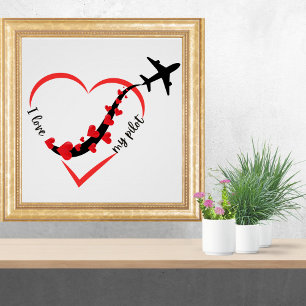 Póster Viagem Avião Coração Eu Amo Meu Piloto Minimalista