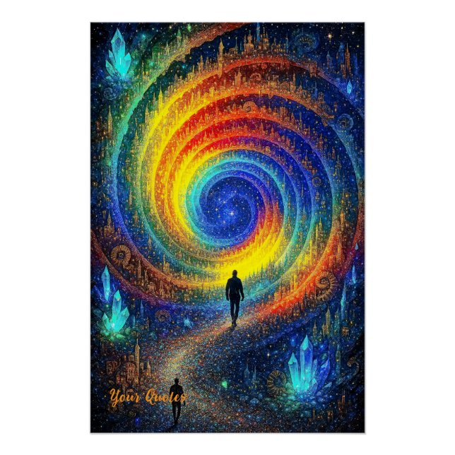 Póster Viagem Cósmica Luz Arco-íris Galáxia Surreal (Frente)
