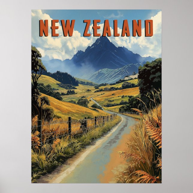 Poster Viagem da Nova Zelândia Vintage (Frente)