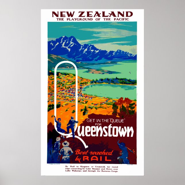 Póster Viagem da Nova Zelândia Vintage Queenstown (Frente)