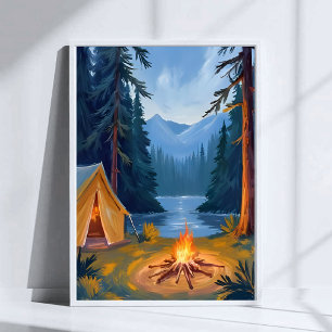 Poster Viagem de Acampamento Fogueira Floresta Tenda Aqua
