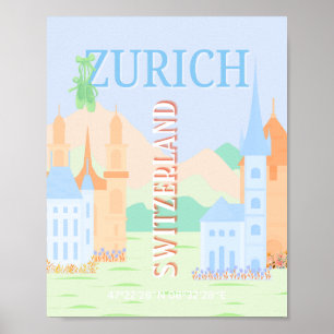 Poster Viagem de Arte Zurique, Suiça, Viagem Azul