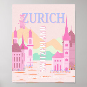 Poster Viagem de Arte Zurique, Suiça, Viagem Rosa