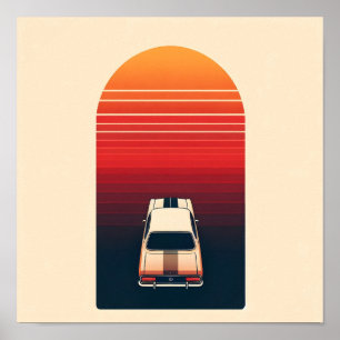 Poster Viagem de Carro Vintage Minimalista Pôr do Sol Ret