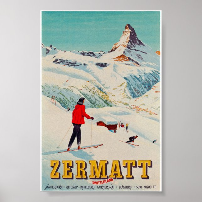Poster Viagem de Esqui de Suiça Retroativo da  Zermatt (Frente)