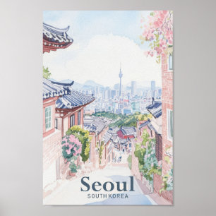 Poster Viagem de Ilustração de Gouache da Coreia do Sul d