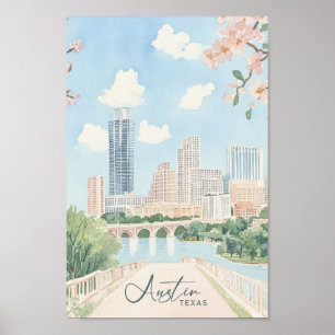 Poster Viagem de Ilustração de Pintura de Gouache Austin 
