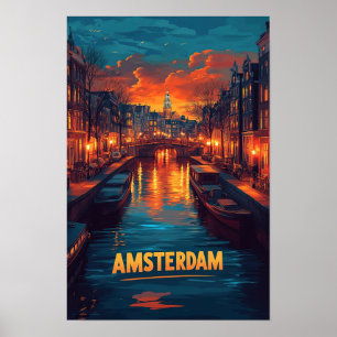 Poster Viagem de Ilustração Vintage de Amsterdã nos Paíse