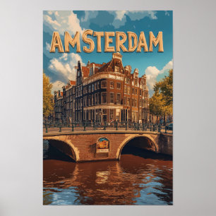 Poster Viagem de Ilustração Vintage de Amsterdã nos Paíse