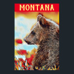 Poster Viagem de Montana Pop de Urso Cinzento Colorido<br><div class="desc">Este é um retrato criativo da vida selvagem, ao estilo da pop digital moderna, de um urso pardo sobre um fundo colorido com tons de vermelho, laranja, azul e amarelo. Acrescentei um elemento de tipografia no topo com a palavra: Montana, num amarelo angustiado, com todas as fontes de bonés, para...</div>