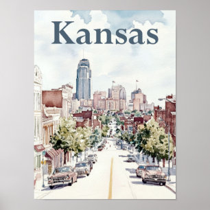 Poster Viagem de Pintura de Aquarela de Kansas City