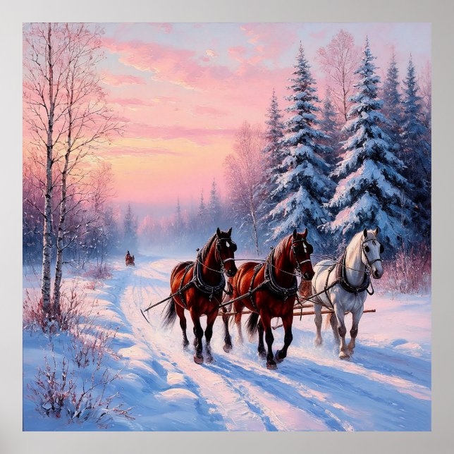 Poster Viagem de Sleigh Desenhada por Cavalo Através de u (Frente)